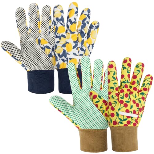 Floral Gardening Gloves for Women (2 Pairs - Yellow + Dark Colors Flowers)