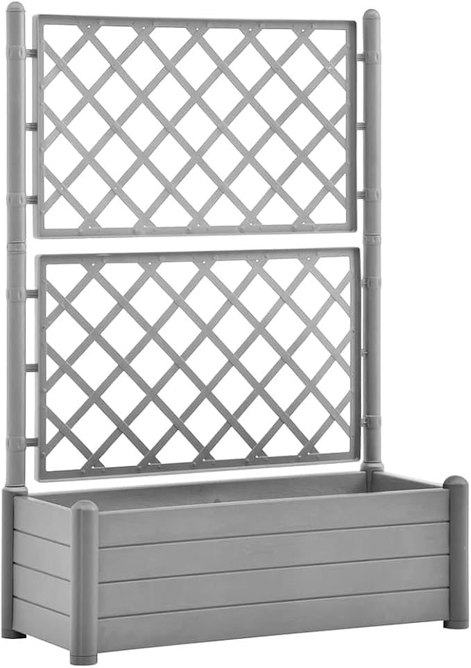 vidaXL Garden Raised Bed with Trellis, Raised Bed for Flowers and Plants, Planter with Drainage Hole, Outdoor and Indoor Use, Grey, 39.4"x16.9"x55.9" Plastic