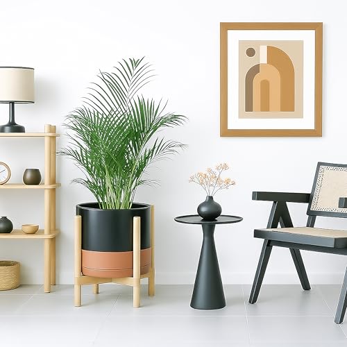 Ceramic Pot with Natural Wood Stand (12 Inch / Black/Speckled Tan Pot + Natural Stand)