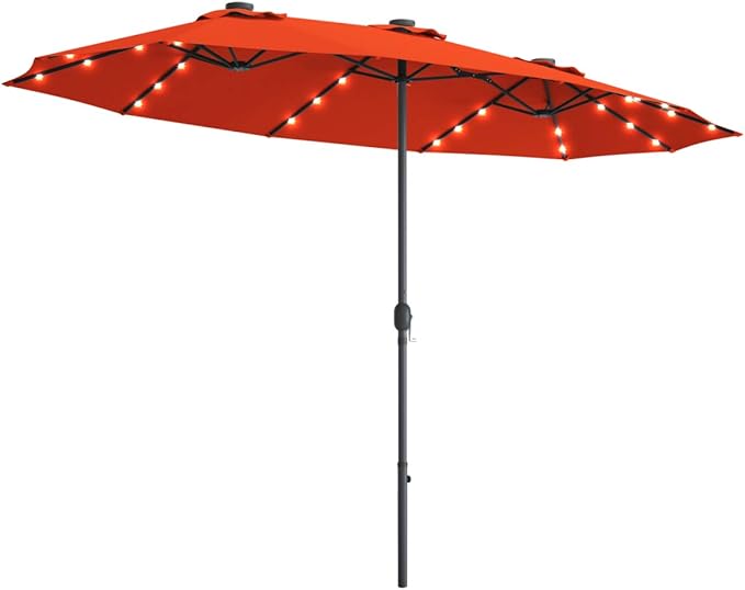 Tangkula 15 Ft Double Sided Patio Umbrella with Solar Lights, Extra Large Rectangle Outdoor Umbrella with 36 LED Lights & Crank Handle for Deck, Poolside, Garden, Backyard (Orange)
