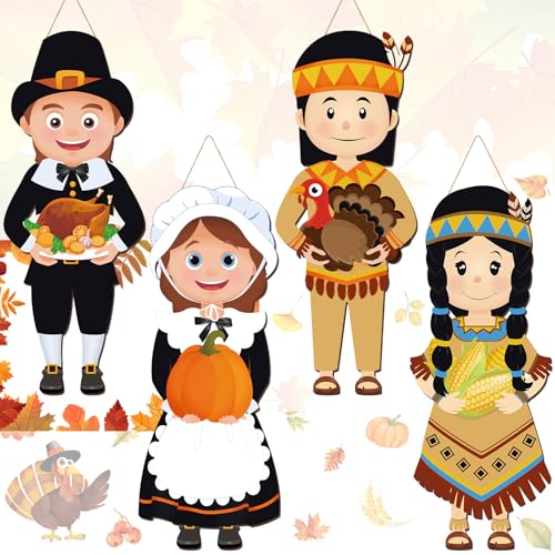 4 Pcs Thanksgiving Pilgrim Decoration Outdoor Fall Pilgrim Boy and Girl Hanging Signs for Indian 25 x 10 Inch Wooden Thanksgiving Signs Hanger for Porch Front Door Wall Home Outside Party