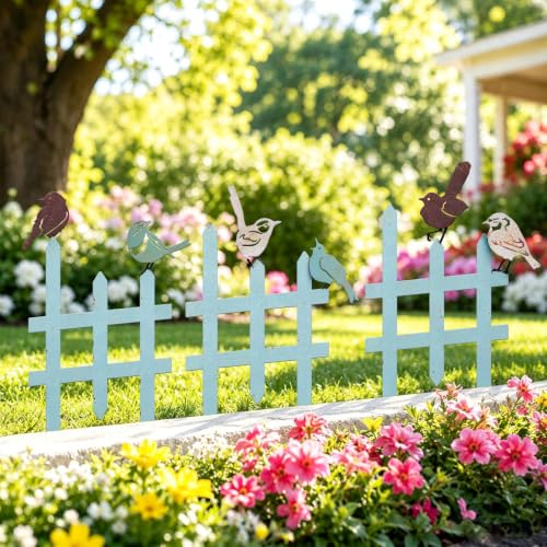 3 Pcs Small Garden Fence with 6 Piece Bird Decoration (Blue)