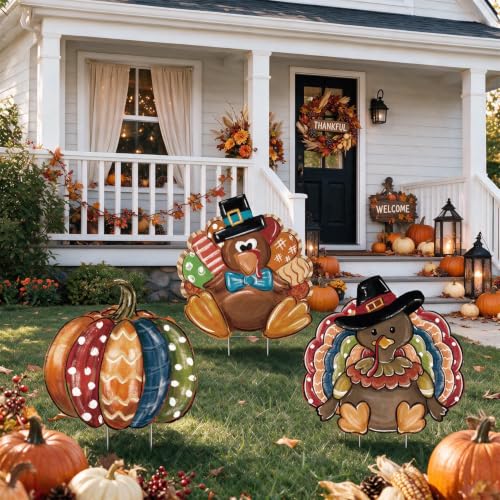 Smile Thanksgiving Yard Signs with Stakes (3P-Turkey Pumpkin)