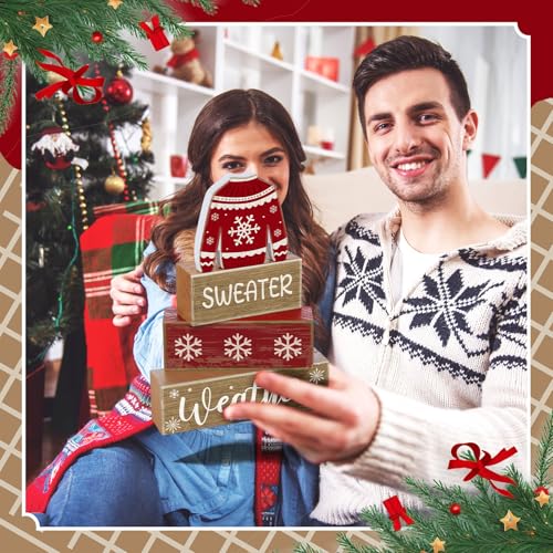 4 Pcs Christmas Table Decoration Wooden Block Signs Sweater (Christmas Sweate)