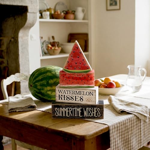 4 Pcs Summer Table Decor Wooden Watermelon Tiered Tray Decor (Watermelon)