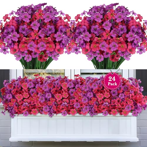 24PCS UV Resistant Artificial Flowers for Outdoors (Purple+rosy Red / 24PCS)