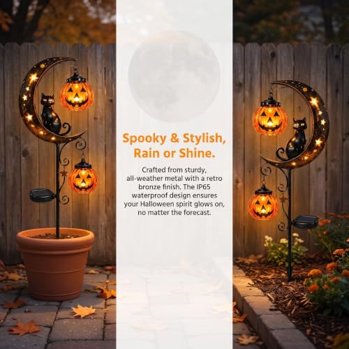 Solar Halloween Black Cat & Pumpkin Moon Garden Stake Light (A)