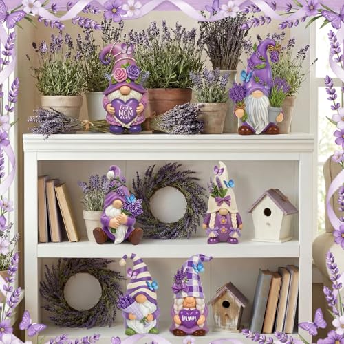 6 Pcs Purple Lavender Gnomes Mother's Figurines Lavender Gnomes with Best Mom Ever (4 Inch / Mother's Day Lavender)