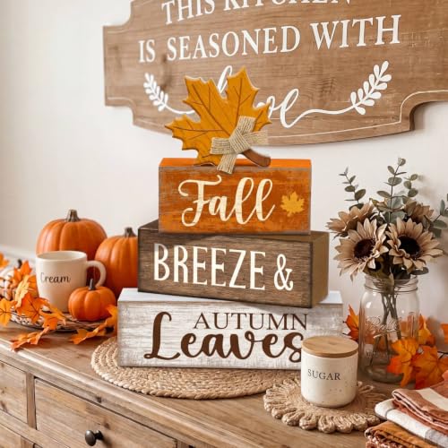4 Pcs Wooden Fall Block Signs Farmhouse Tabletop Decor (Harvest Decoration)