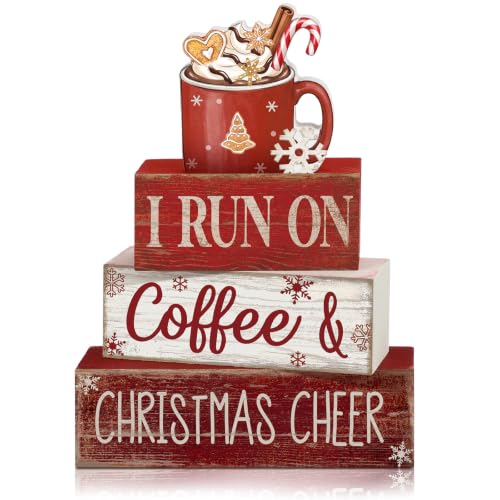 4 Pcs Christmas Coffee Table Decor Hot Chocolate Cocoa Wooden Stacked Sign Rustic Christmas Tiered Tray Decor Cocoa Centerpiece Block Signs Gift Xmas Decoration for Home Coffee Bar Kitchen (I Run on Coffee & Christmas Cheer)