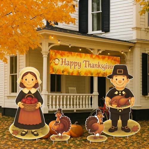 4 Pcs Fall Thanksgiving Yard Sign Pilgrim Boy and Girl Turkey Lawn Stakes