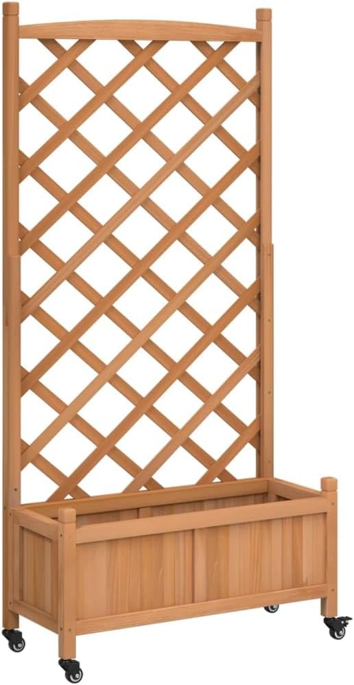 Large Rectangular Wooden Planter with Built-in Trellis Brown Outdoor Garden Bed for Climbing Plants and Vegetables Featuring Castor Wheels and Natural Finish