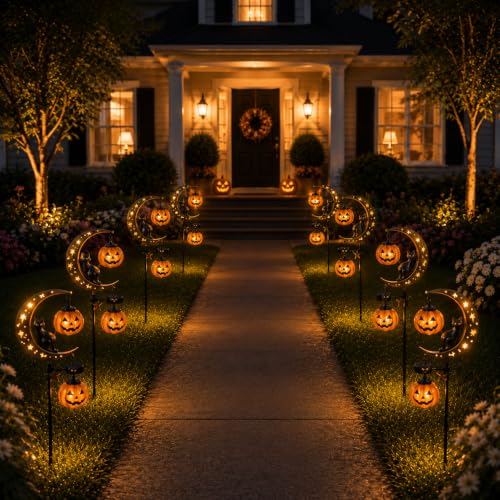 Halloween Black Cat & Pumpkin Moon Solar Garden Stake Light (Halloween B)