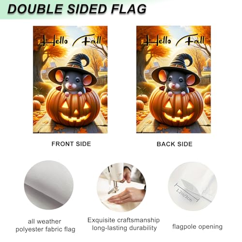 Halloween Welcome Witch Hat Garden Flag 12x18 Inch Double Sided (Mouse Pumpkin Hat Hello Fall)