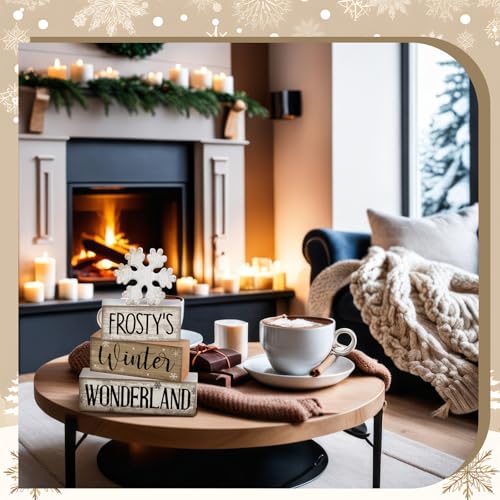 4 Pcs Winter Table Decorations Wooden Snowflake Decor Winter Tiered Tray Decor Rustic Snow Block Signs Gift Farmhouse Snowflake Table Centerpiece for Wonderland Party Kitchen Home (Snowflake)