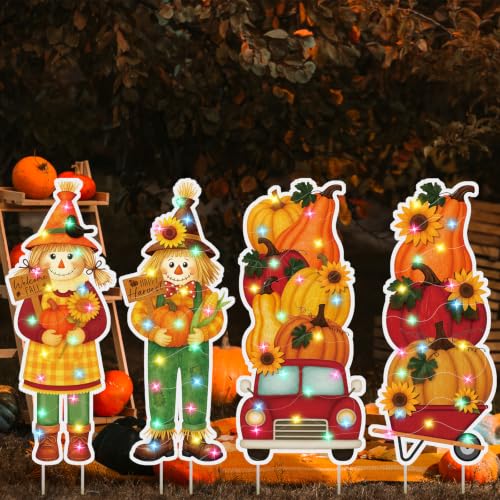 4 Pcs Fall Outdoor Decorations Metal Pumpkin Scarecrow Yard Sign with LED (Scarecrow)