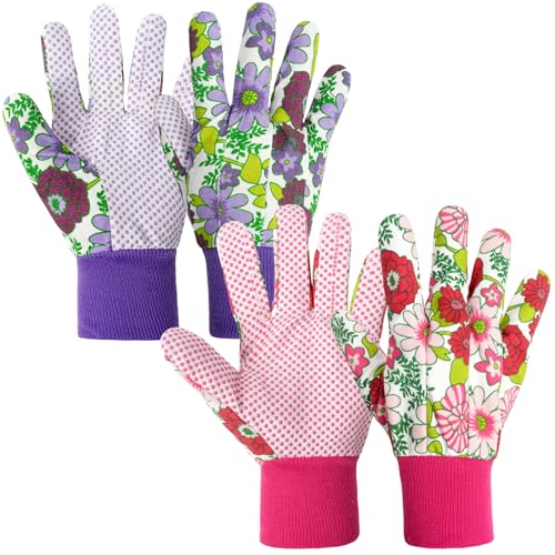 Floral Gardening Gloves for Women (2 Pairs - Purple + Rose + Red Flowers)