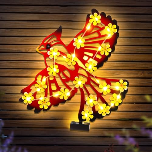 Metal Cardinal Outdoor Wall Decor with 30 Led Solar Lights (Red-cardinal)
