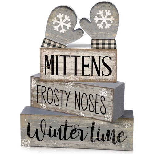 4 Pcs Winter Table Decorations Wooden Mittens Decor Winter Tiered Tray Decor Rustic Snowflake Mittens Block Signs Gift Farmhouse Christmas Centerpiece for Wonderland Party Kitchen Home (Snowflake Gloves)