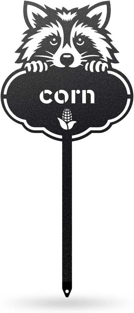 RealSteel Rocky The Raccoon Plant Markers – Cute Metal Garden Labels for Herbs & Vegetables | Outdoor Steel Plant Stakes for Garden, Greenhouse & Raised Beds | Gardening Gift | USA (CORN-B-6X13)