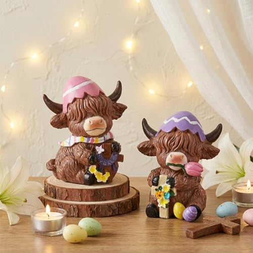 2 Pack Easter Highland Cow Figurines (4 Inch / Easter Highland Cow)