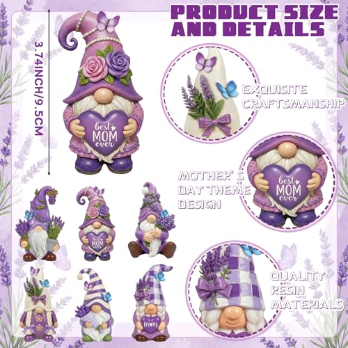 6 Pcs Purple Lavender Gnomes Mother's Figurines Lavender Gnomes with Best Mom Ever (4 Inch / Mother's Day Lavender)