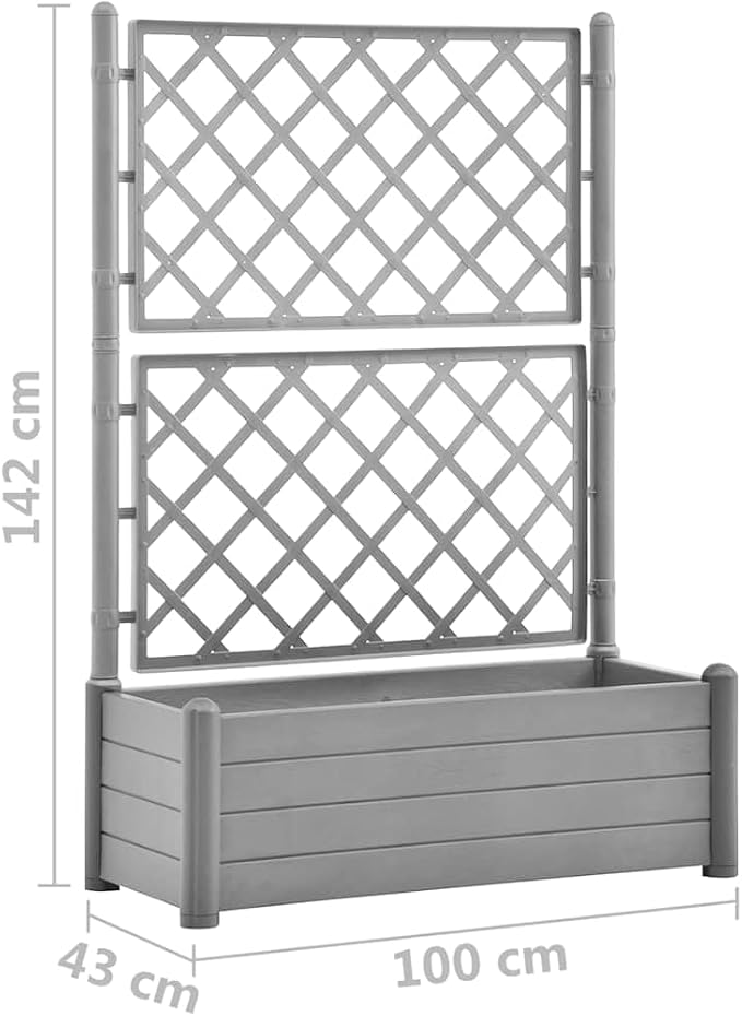 vidaXL Garden Raised Bed with Trellis, Raised Bed for Flowers and Plants, Planter with Drainage Hole, Outdoor and Indoor Use, Grey, 39.4"x16.9"x55.9" Plastic