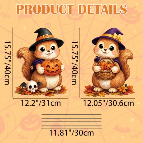 2 Pack Halloween Cute Witch Squirrel Garden Stakes Pumpkin Metal Yard Sign for Fall Autumn Outdoor Halloween Party Decorations (Halloween)