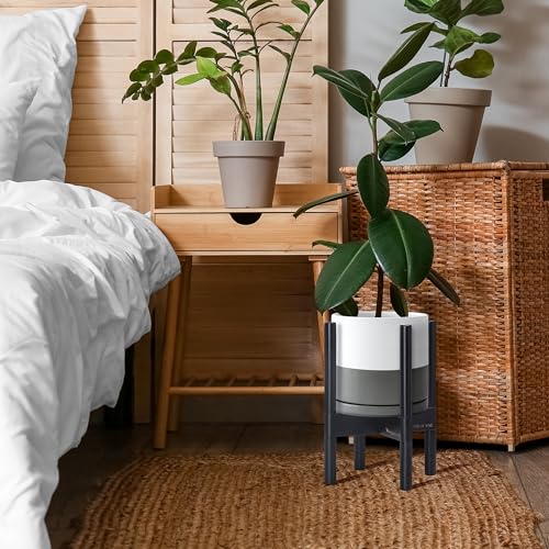 Ceramic Pot with Ebony Wood Stand (8 Inch / White/Grey Pot + Ebony Stand)
