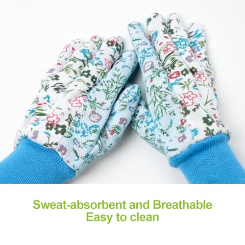 Floral Gardening Gloves for Women (3 Pairs - Green + Purple + Blue Flowers)