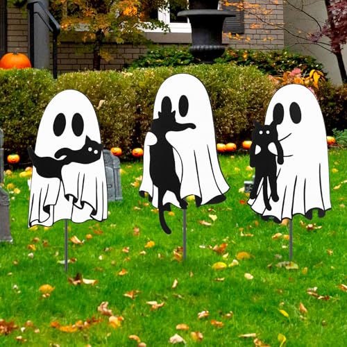 3 Pcs Metal Halloween Yard Decorations (Ghost Cat / Black,White)