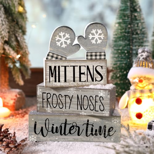 4 Pcs Winter Table Decorations Wooden Mittens Decor Winter Tiered Tray Decor Rustic Snowflake Mittens Block Signs Gift Farmhouse Christmas Centerpiece for Wonderland Party Kitchen Home (Snowflake Gloves)