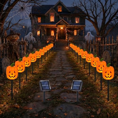 Halloween Solar Pathway Lights Outdoor (Long Pumpkin / 20-Pack)