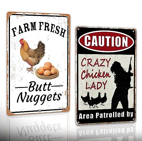 2pcs Funny Chicken Sign Vintage Metal Tin Signs Chicken Coop Accessories Lovers Gifts For Farm Yard Fence Decor Coop Caution Sign Outdoor Wall Decor 8×12 Inch (2jizuhehe)