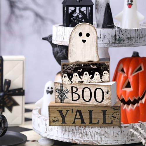 4 Pcs Halloween Table Decoration Wooden Ghost Tiered Tray Decor (Little Ghost)