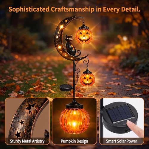 Solar Halloween Black Cat & Pumpkin Moon Garden Stake Light (A)