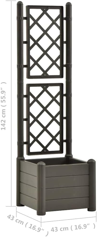 vidaXL Garden Raised Bed with Trellis, Raised Bed for Flowers and Plants, Planter with Drainage Hole, Outdoor and Indoor Use, Anthracite, 16.9"x16.9"x55.9", PP