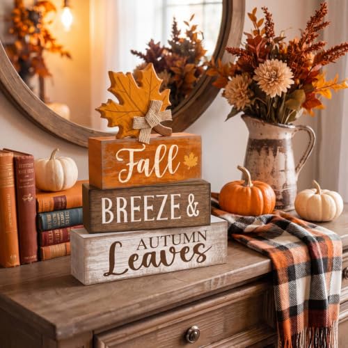 4 Pcs Wooden Fall Block Signs Farmhouse Tabletop Decor (Harvest Decoration)