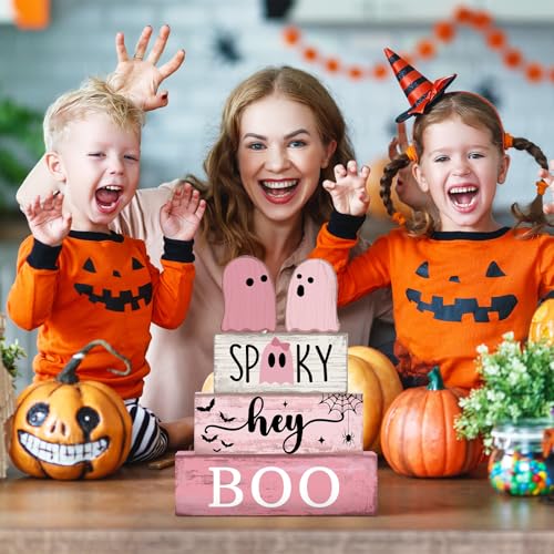 4 Pcs Pink Halloween Tiered Tray Decor (Pink Ghost)