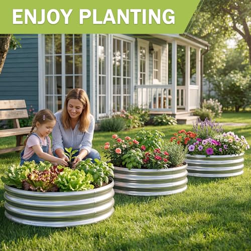 3Pack 2x2x1 ft Round Galvanized Raised Garden Bed Kit Round Metal Flower Box Large Planter Raised Beds Outdoor Garden for Planting (Silver / 2x2x1ft(3pack))