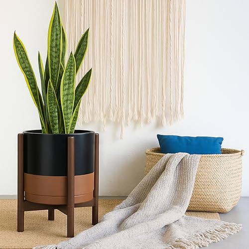 Ceramic Pot with Walnut Wood Stand (12 Inch / Black/Speckled Tan Pot + Walnut Color Stand)