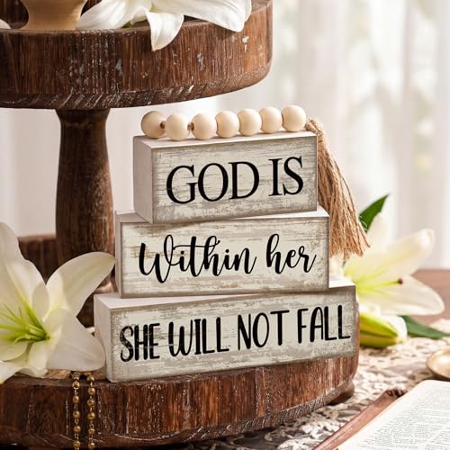 4 Pcs Wooden Blocks God Is Within Her Farmhouse Decor (God is Within Her She Will Not Fall)