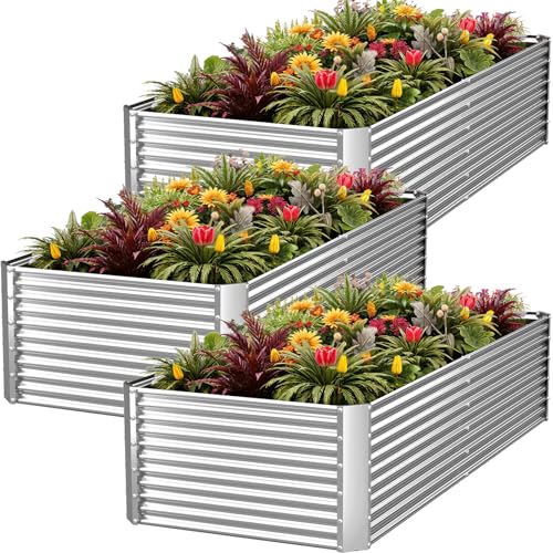3 Pack Tall 6x2FT Corrugated Galvanized Steel Raised Garden Bed Outdoor (Silver / 6 ft x 2 ft x 16 in)
