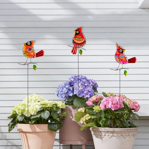 Set of 3 Cardinal Stained Glass Decorative Garden Stakes (Cardinal)