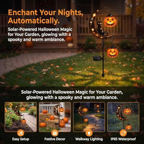 Solar Halloween Black Cat & Pumpkin Moon Garden Stake Light (A)