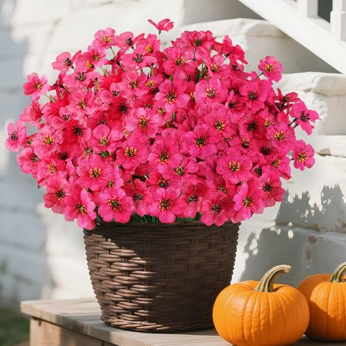 24PCS UV Resistant Artificial Flowers for Outdoors (Rosy Red / 24PCS)