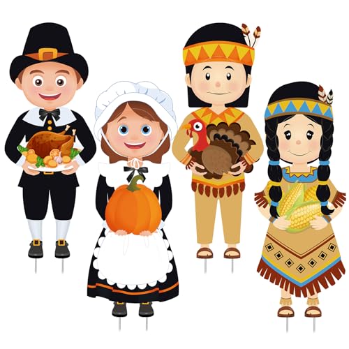 4 Pcs Large Thanksgiving Pilgrim Boy and Girl and Native American Boy and Girl Yard Sign Decor with Stakes Waterproof Outdoor Garden Pumpkin Turkey Yard Stake Autumn Lawn Decor