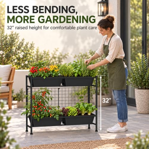 Raised Garden Bed 32" Tall Elevated Planter Boxes with Trellis & Legs (Black)