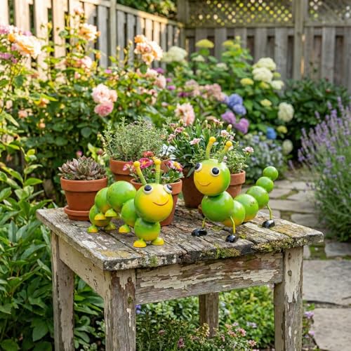 Metal Caterpillar Statue Yard Art Garden Decor (Green)