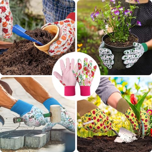 Floral Gardening Gloves for Women (2 Pairs - Purple + Rose + Red Flowers)